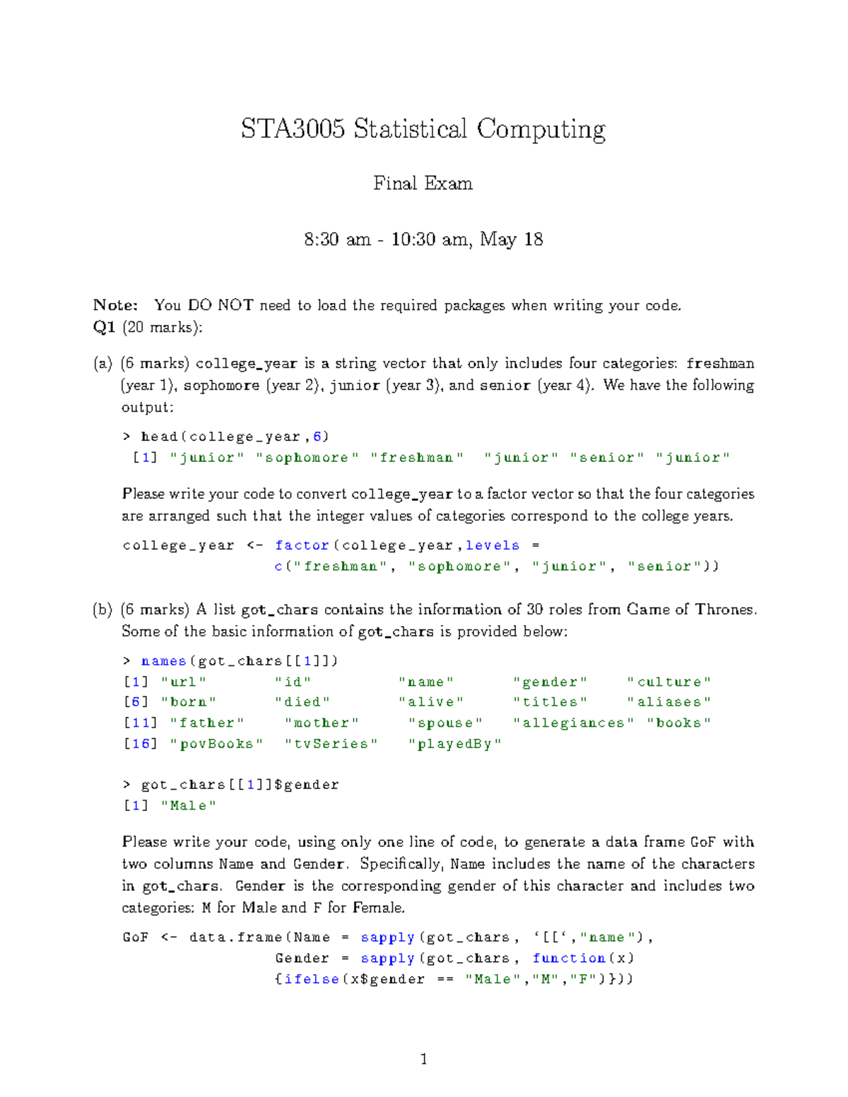 STA3005 Statistical Computing Final Exam Guide - May 18 - Studocu