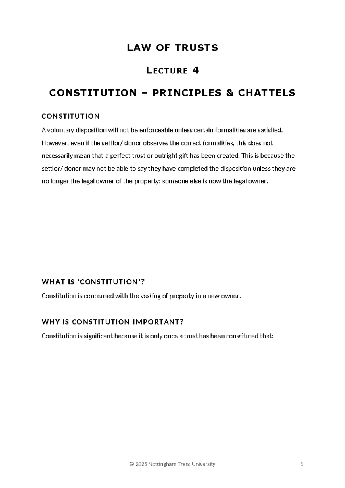 LAW OF TRUSTS LECTURE 4: CONSTITUTION & CHATTELS - Studocu