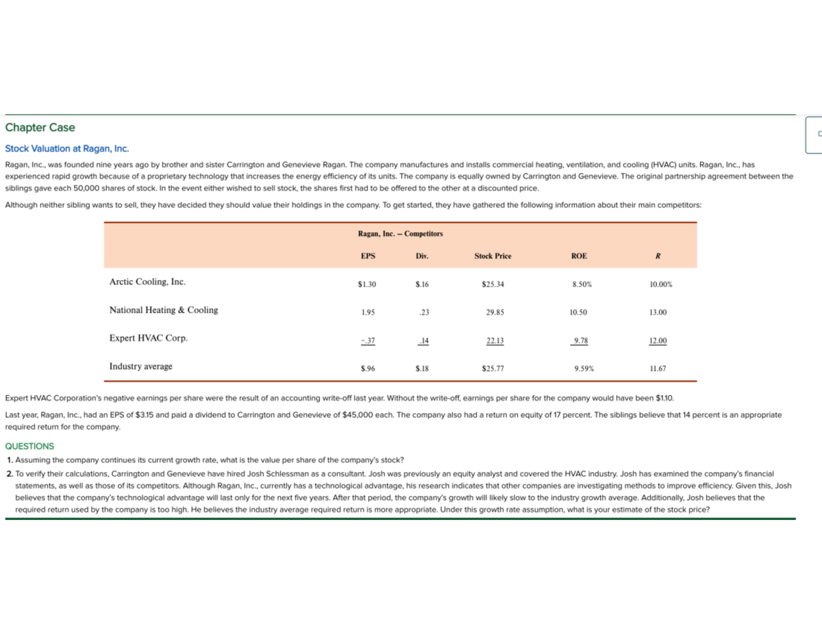 Chapter 7 Case Study: Stock Valuation Techniques at Ragan, Inc. - ECON ...