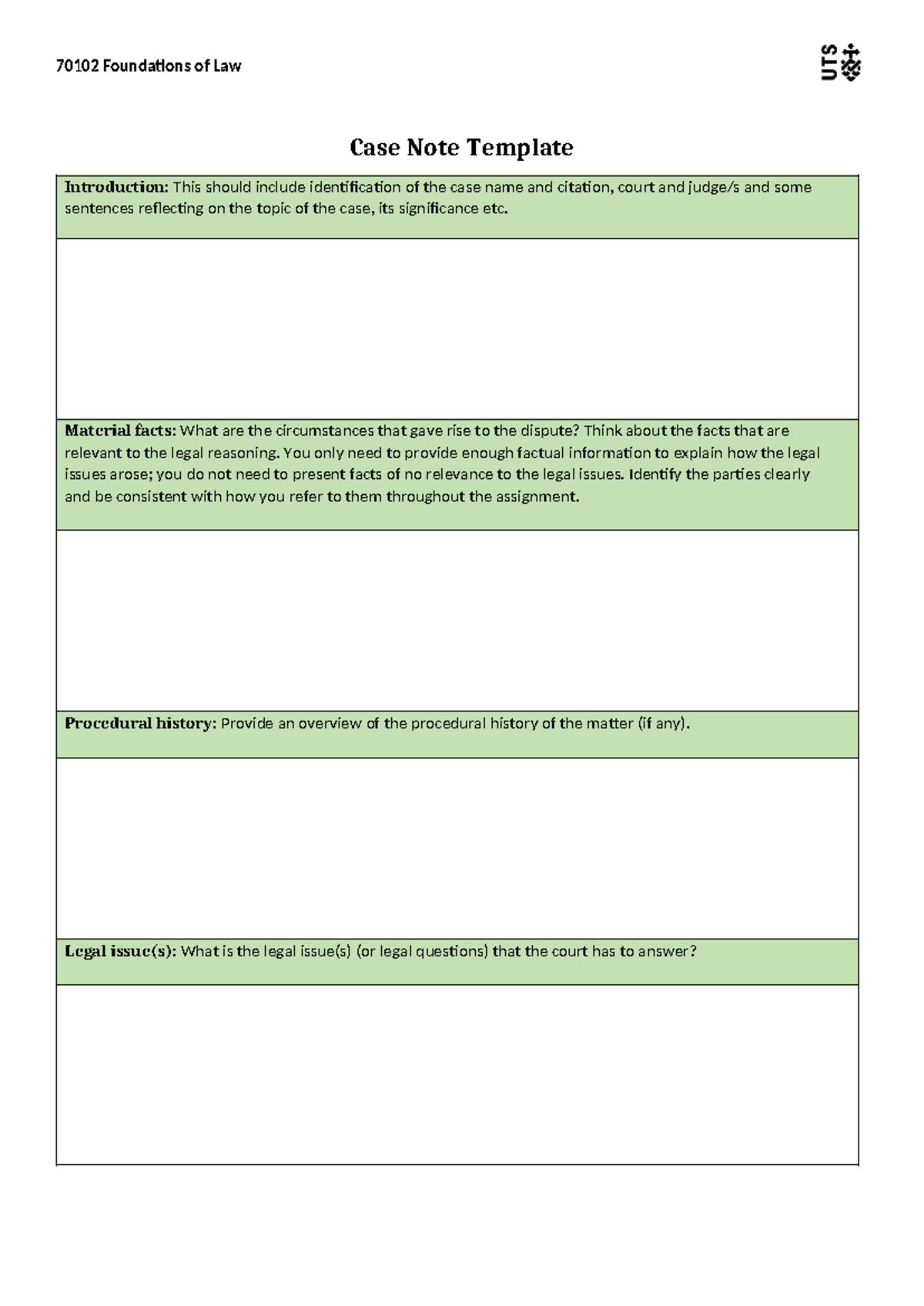 70102 Foundations of Law Case Note Template Guide - Studocu