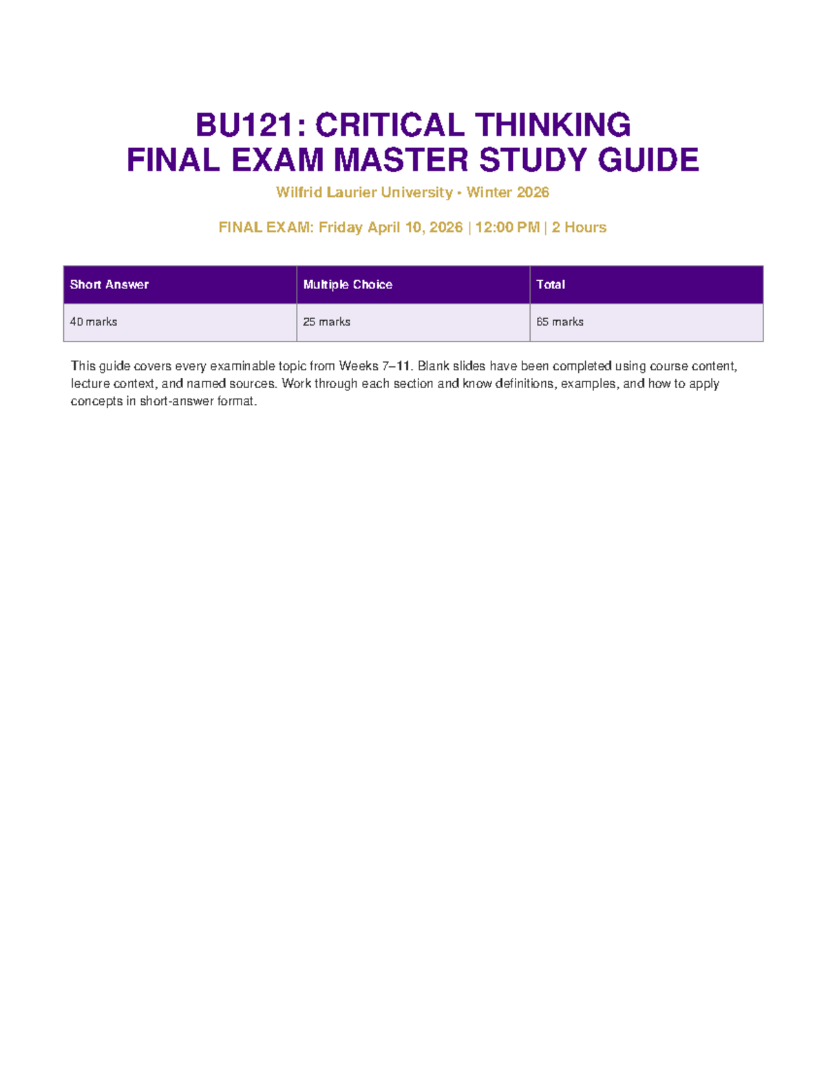 BU121: Critical Thinking Final Exam Study Guide for Winter 2026 - Studocu