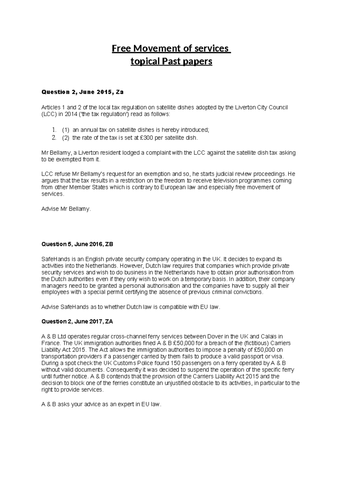 Free Movement of Services: Past Paper Questions & Analysis - Studocu