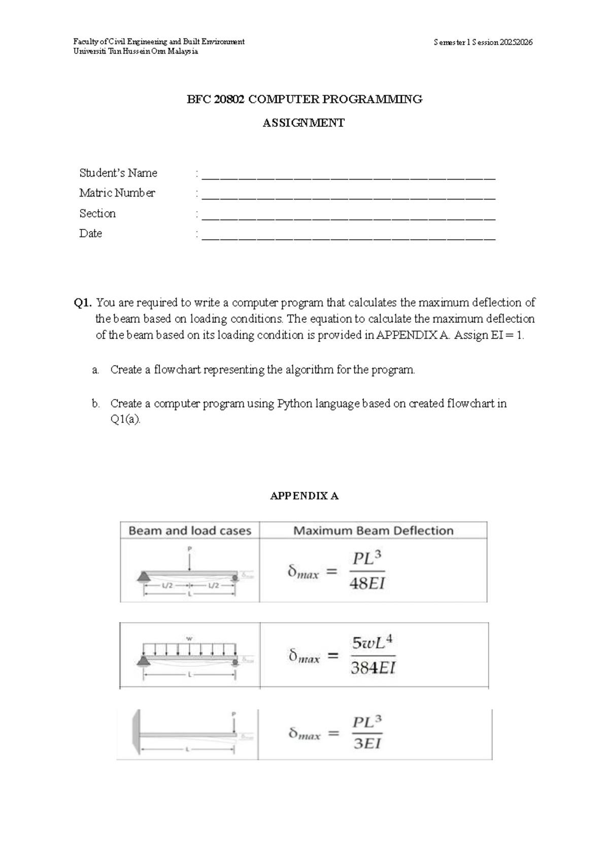 BFC 20802 Computer Programming Assignment 2: Beam Deflection & Centroid ...
