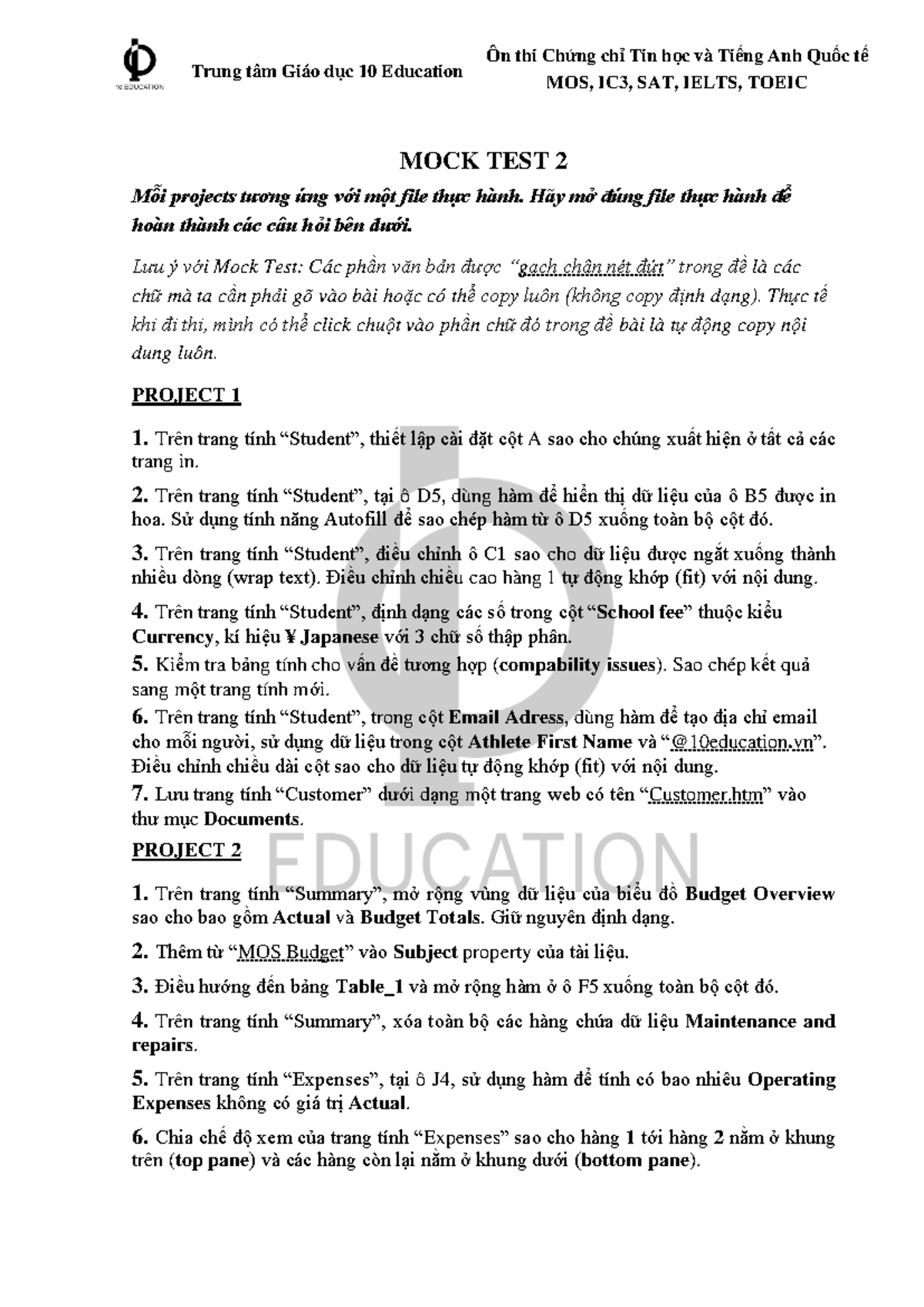 MOCK TEST 2 - MOS Exam Practice and Exercises Overview - Studocu