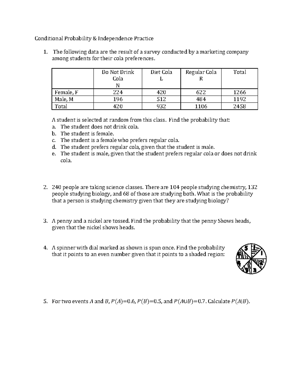 Conditional Probability & Independence Worksheet (Practice 1) - Studocu