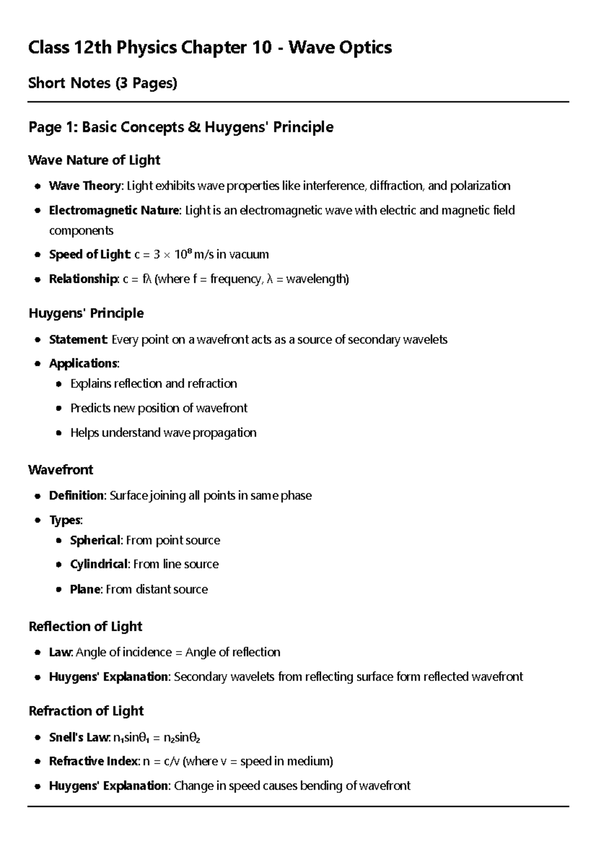 Class 12th Physics Chapter 10 Wave Optics - Concise Notes - Studocu