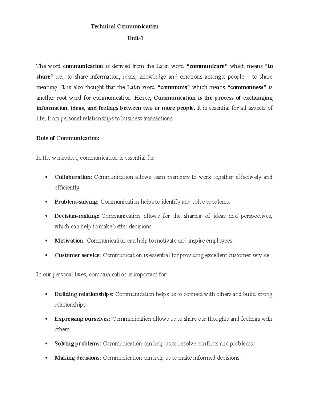 BAS 301 UNIT-1: Essential Notes on Technical Communication - Studocu