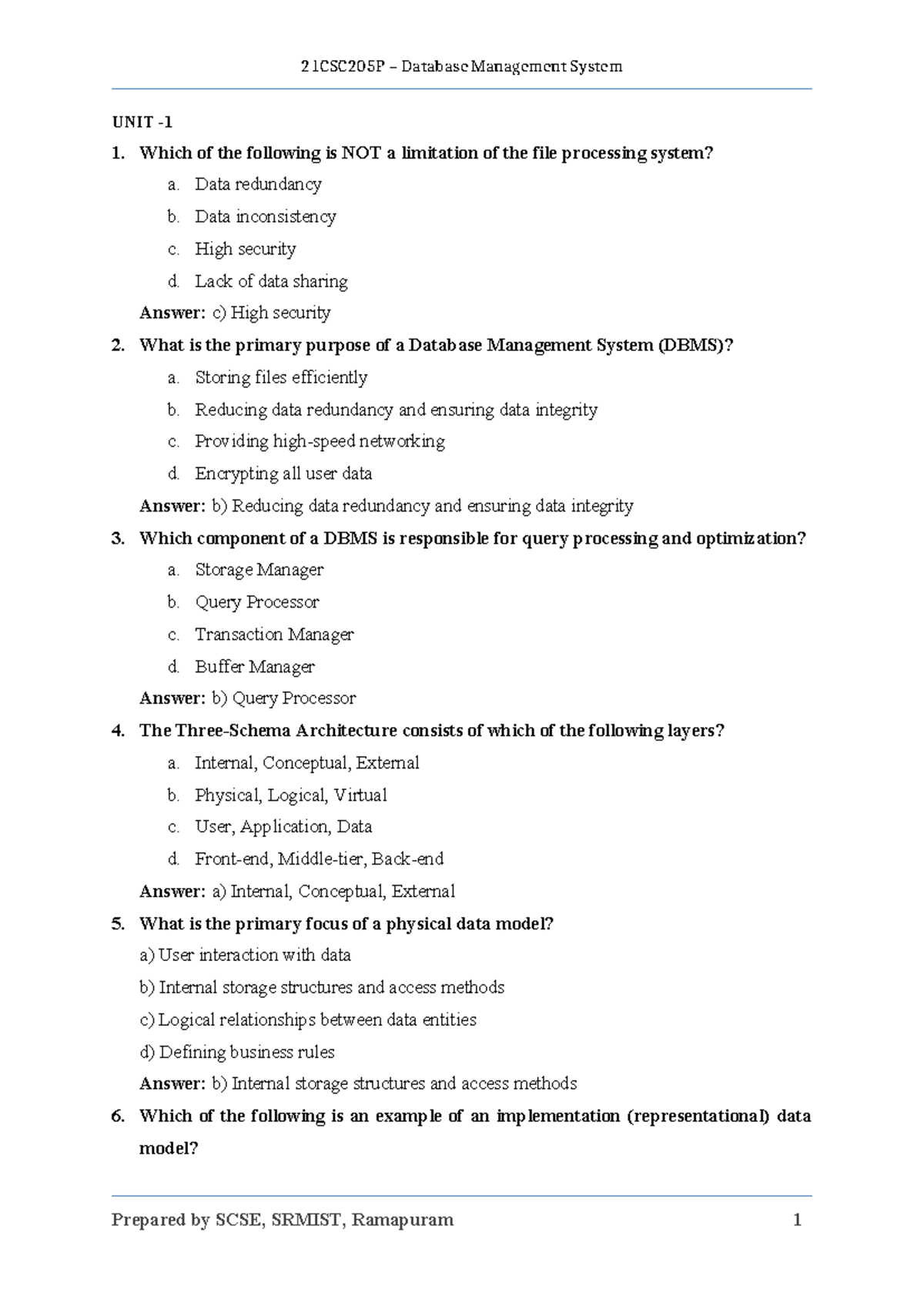 DBMS Question Bank - UNIT - Which of the following is NOT a limitation ...