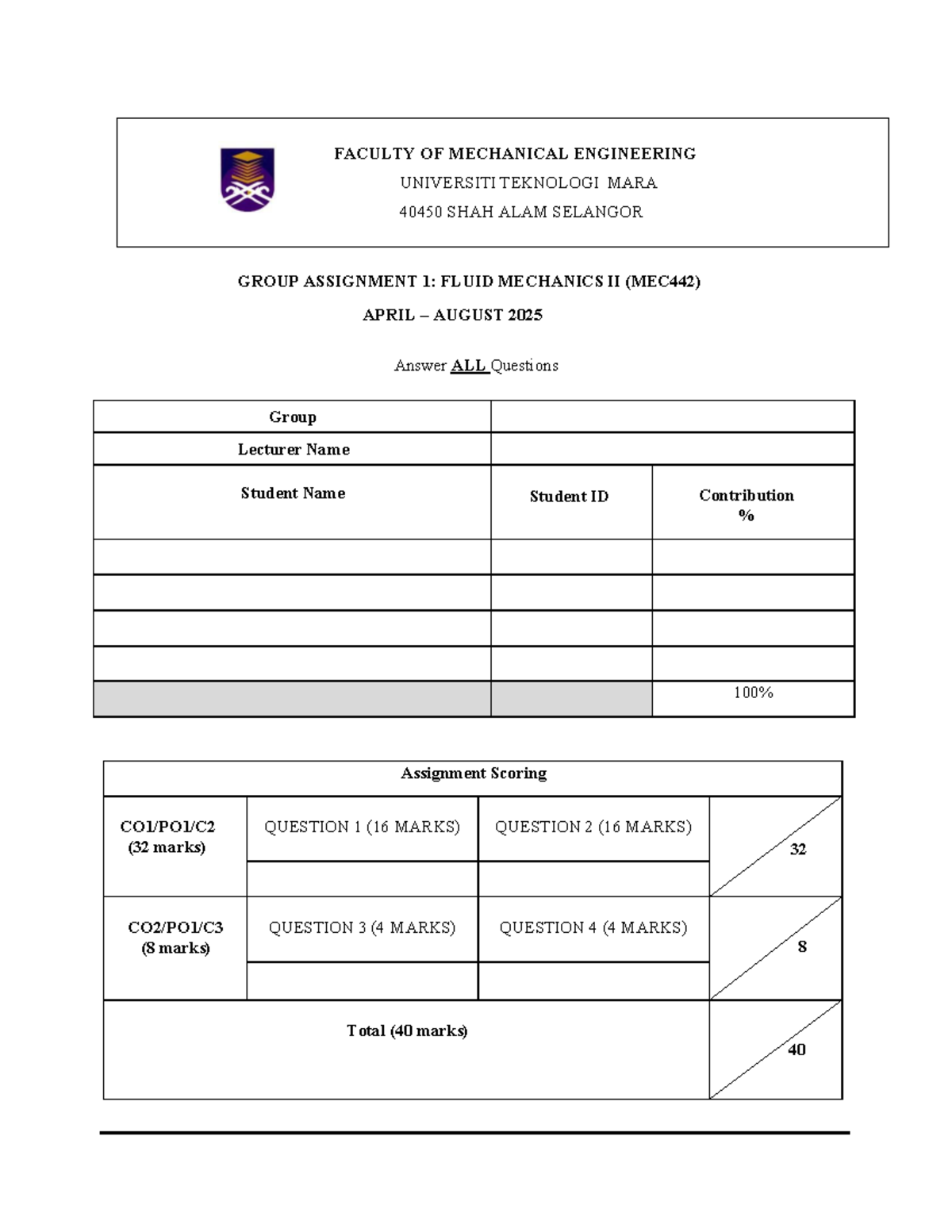 MEC442 Fluid Mechanics II Group Assignment 1 (April-August 2025) - Studocu