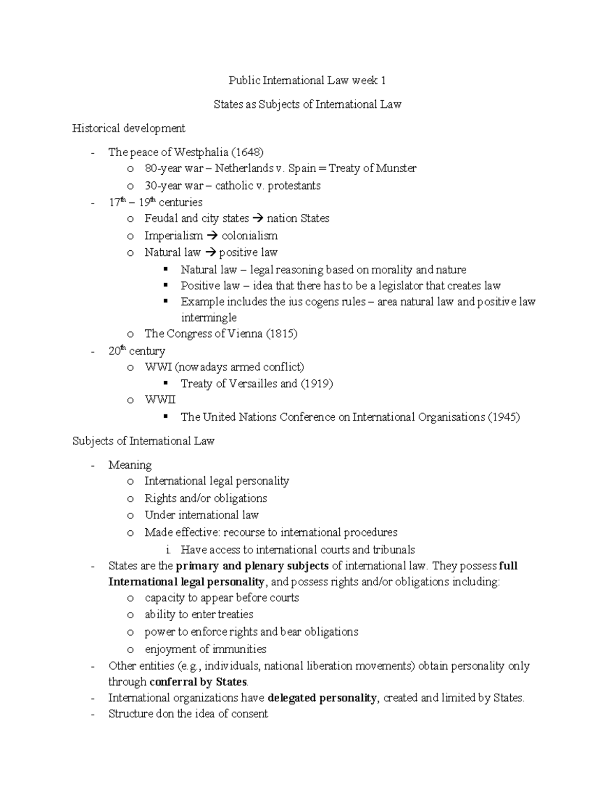Public International Law (PIL) Week 1: States as Subjects & Historical ...