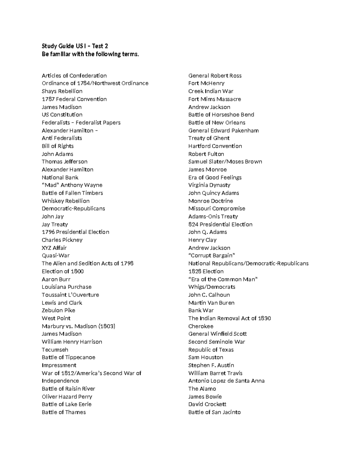 US History I Study Guide - Test 2 Preparation Notes - Study Guide US I ...