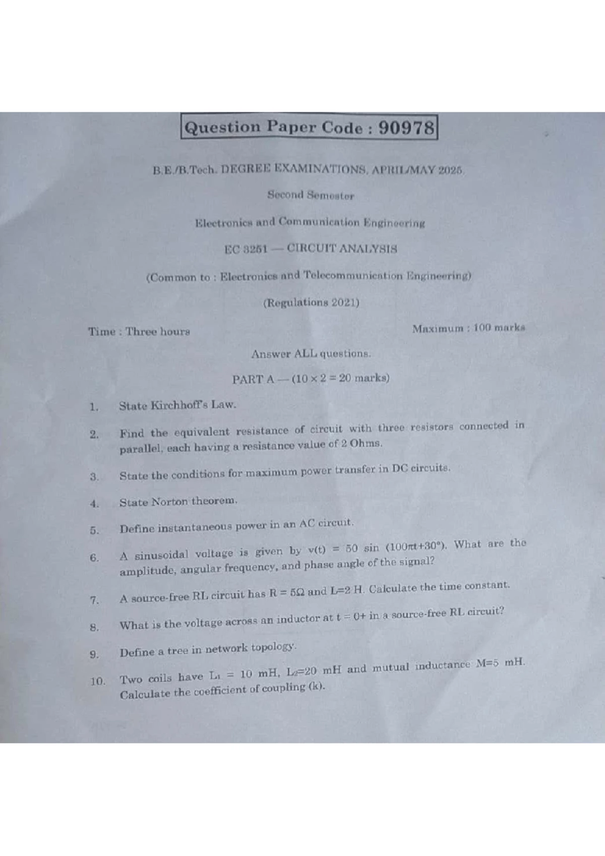 23EC23 Circuit Analysis Lab Model Question Paper - Studocu