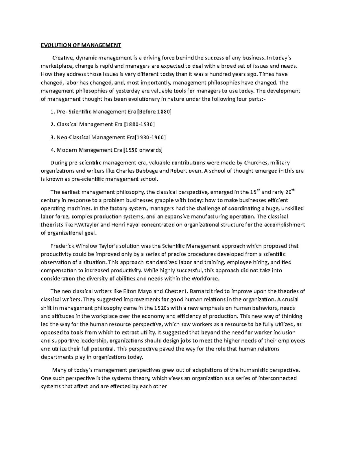Evolution of Management Theories: A Historical Overview - Studocu