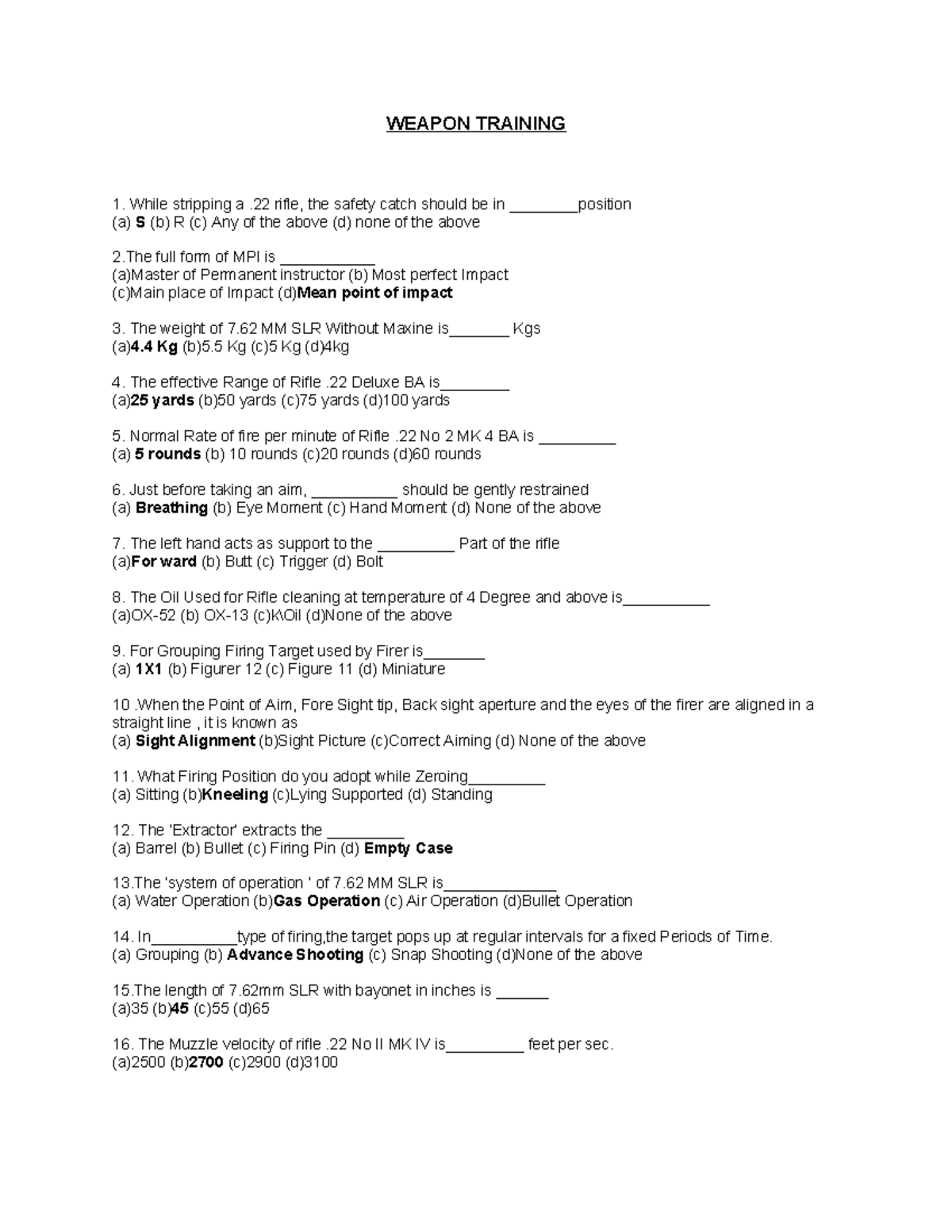 WT - Weapon Training Quiz Questions and Answers - Studocu