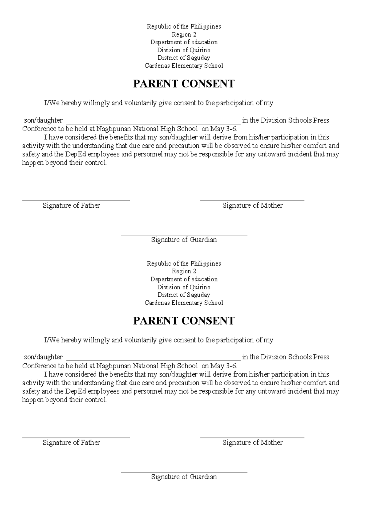 Parent-consent - parental consent - Republic of the Philippines Region ...