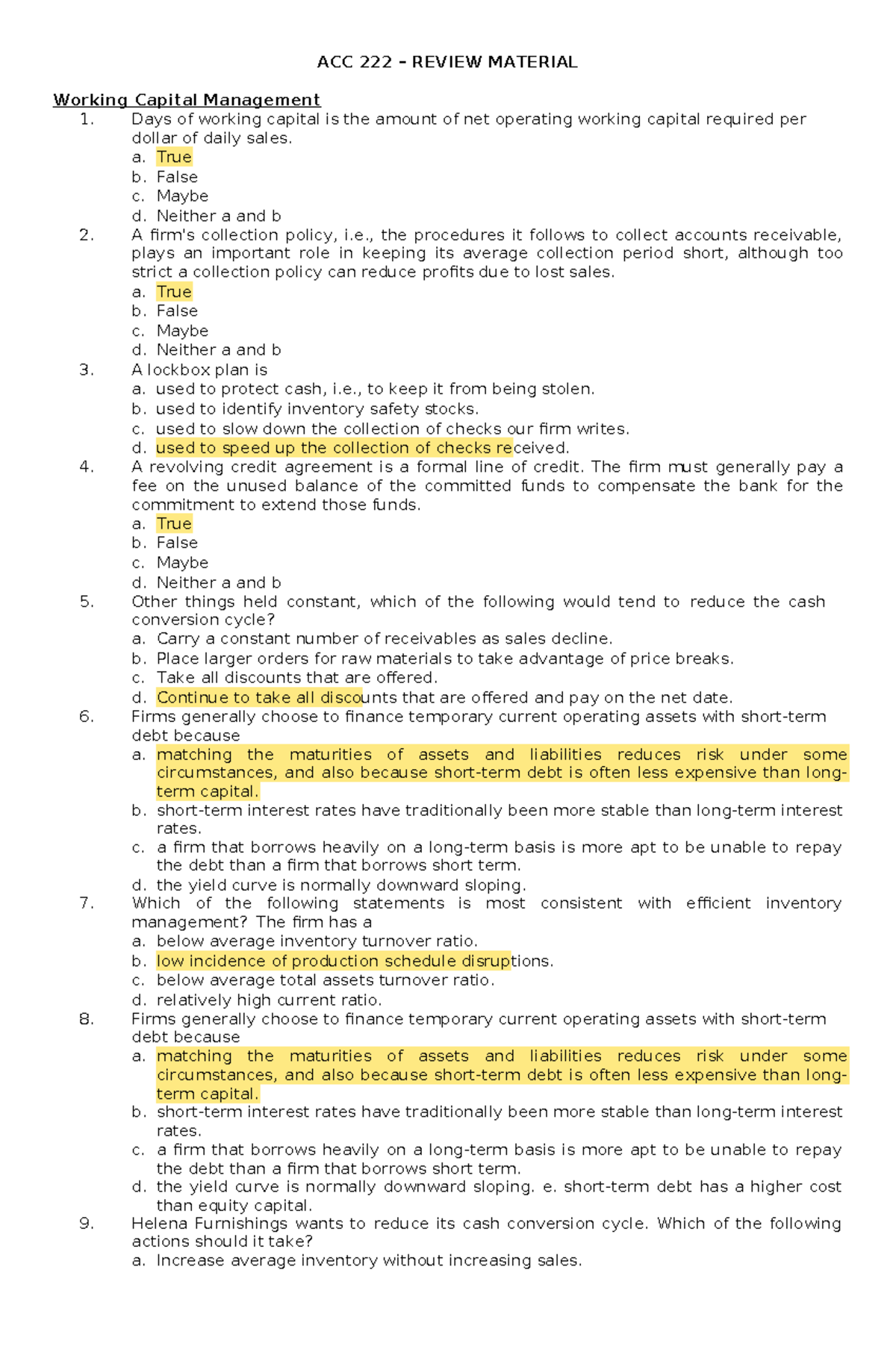 ACC 222 Review Material: Working Capital Management Insights - Studocu