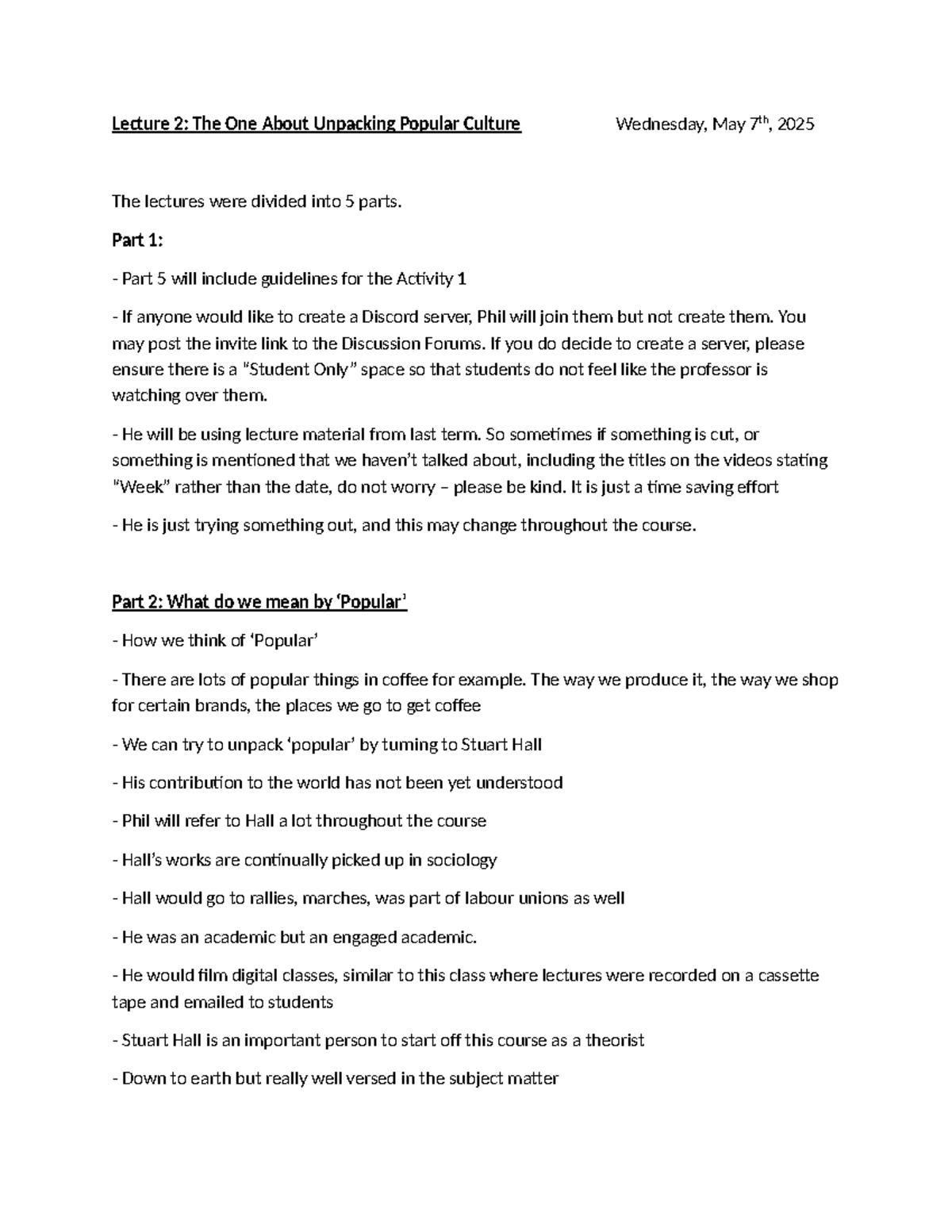 Lecture 2: Unpacking Popular Culture - May 7, 2025 - Studocu