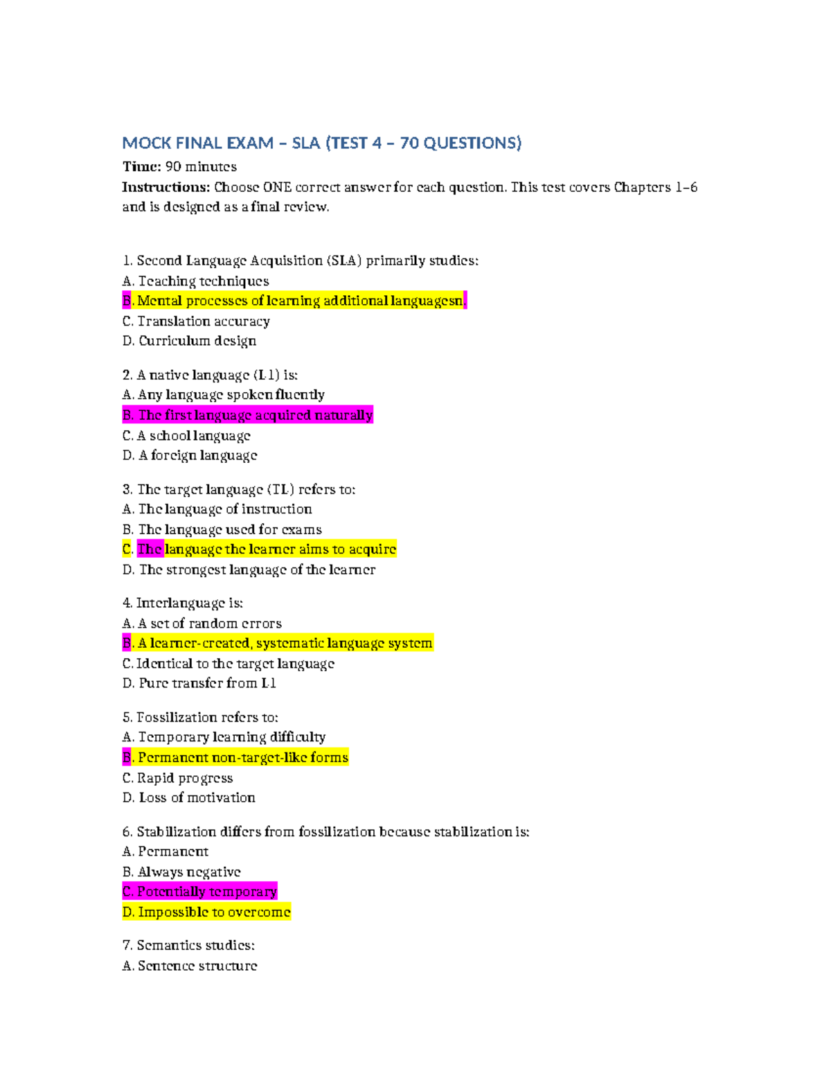 MOCK FINAL EXAM SLA (TEST 4) - 70 Questions Review Guide - Studocu