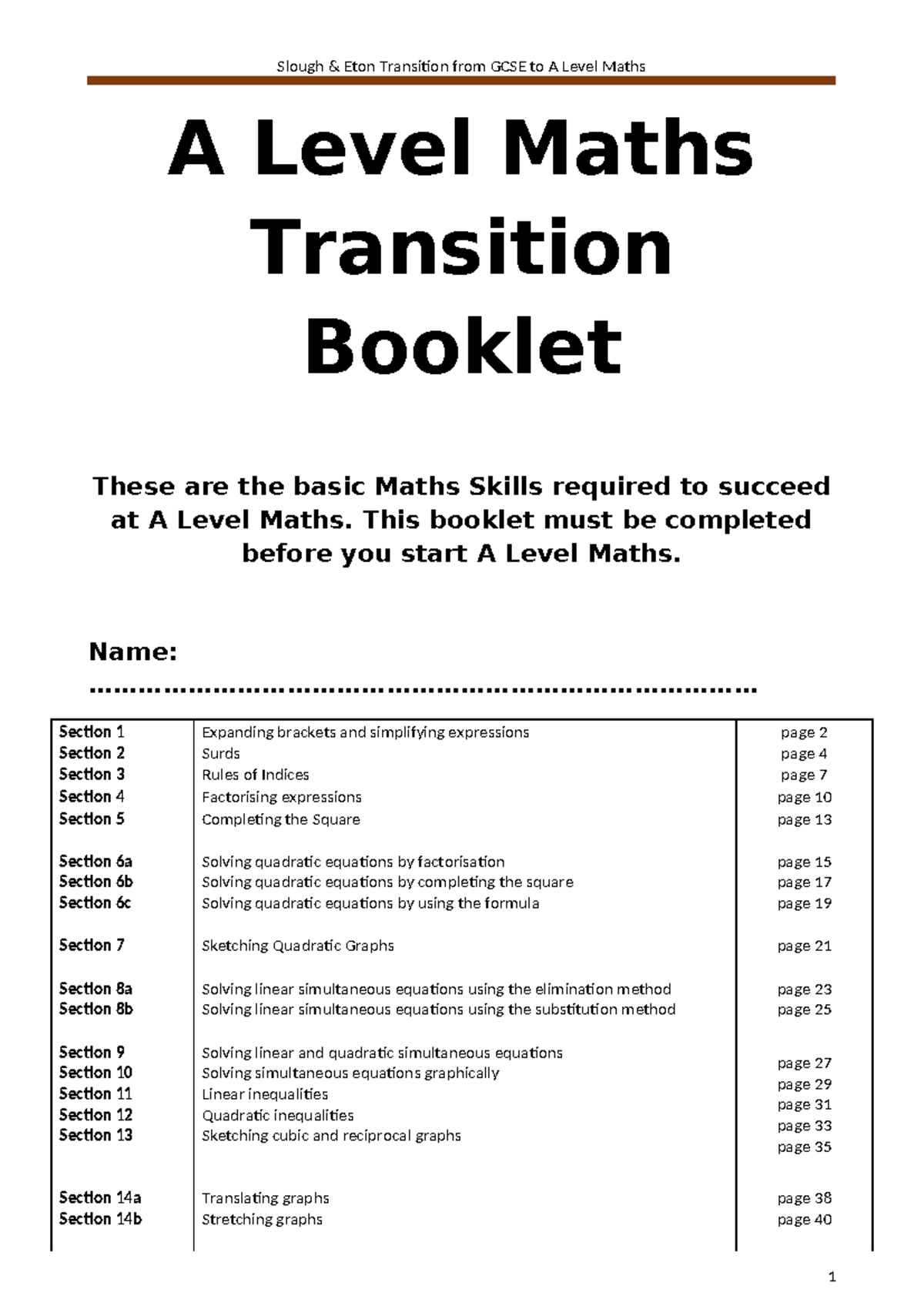 Slough Eton A Level Maths Transition Booklet: Essential Skills Guide ...
