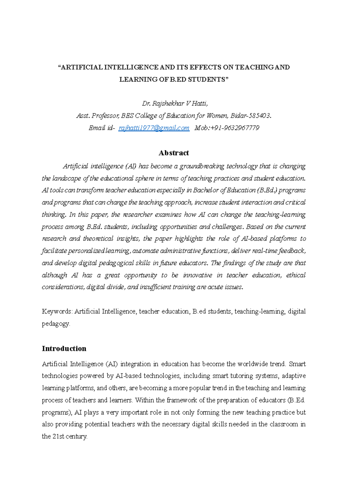 AI's Impact on Teaching & Learning in B.Ed Programs - Studocu