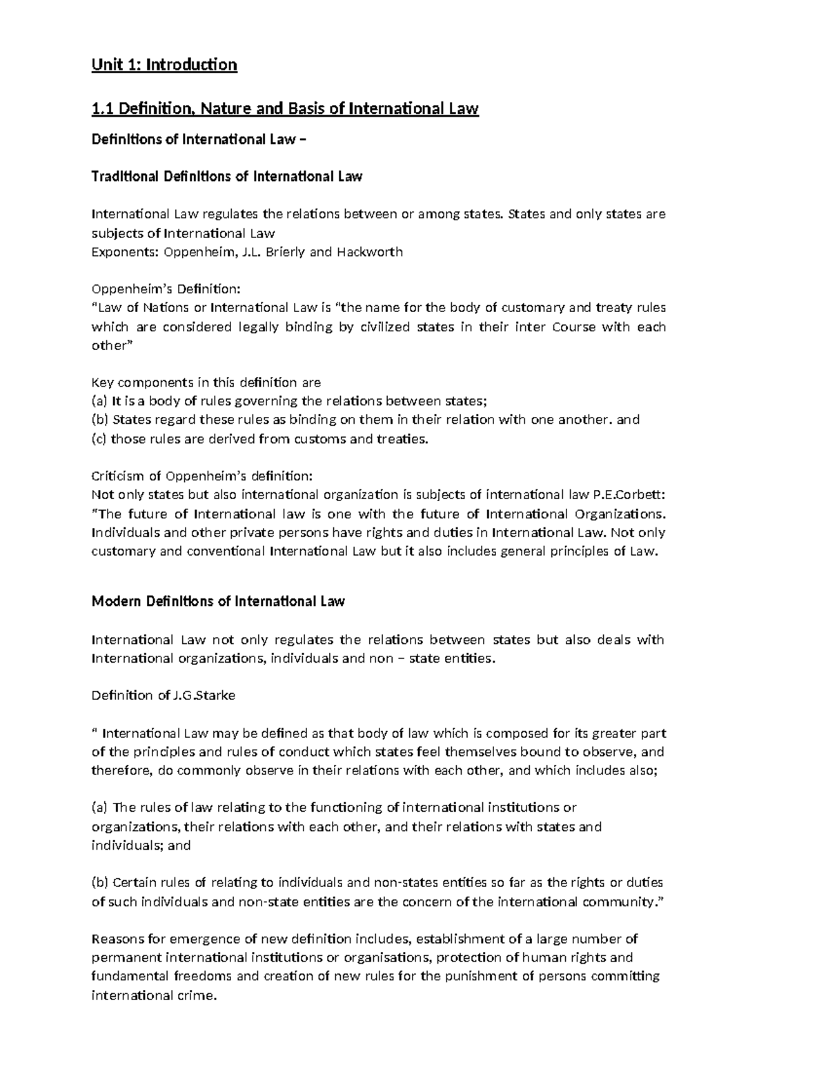 International Law - Brief note - Unit 1: Introduction 1 Definition ...