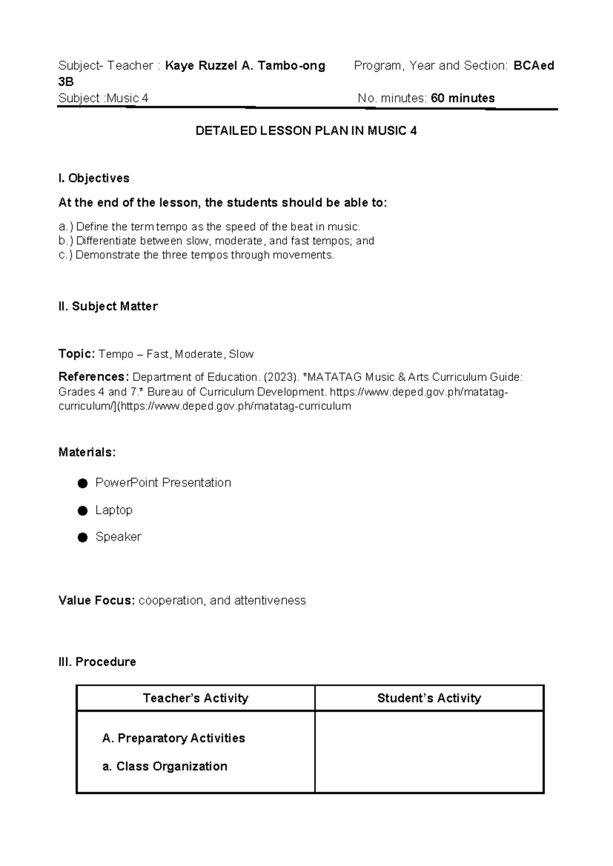Detailed Lesson Plan in Music 4 (BCAed 3B): Understanding Tempo - Studocu