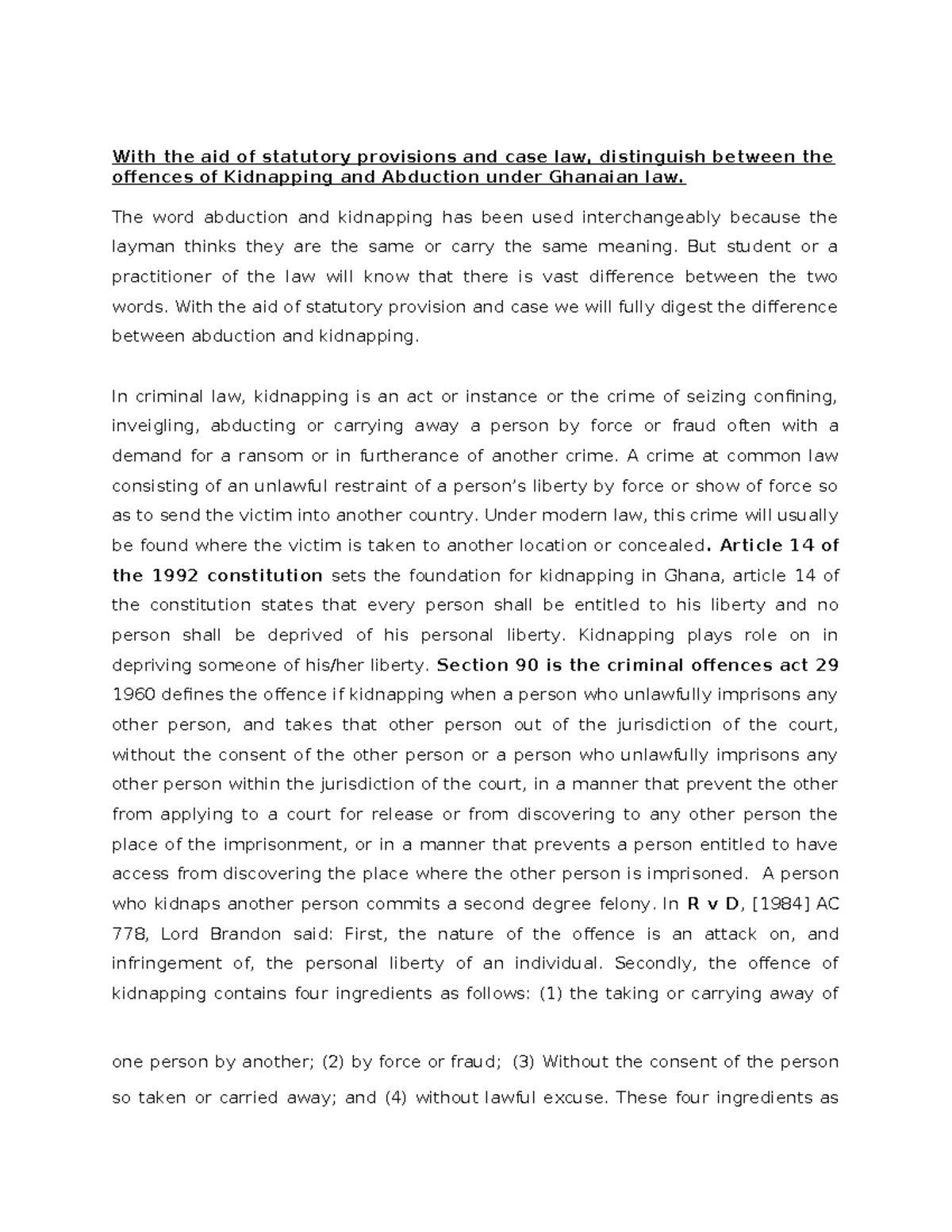 Criminal Law: Distinguishing Kidnapping and Abduction in Ghana - Studocu