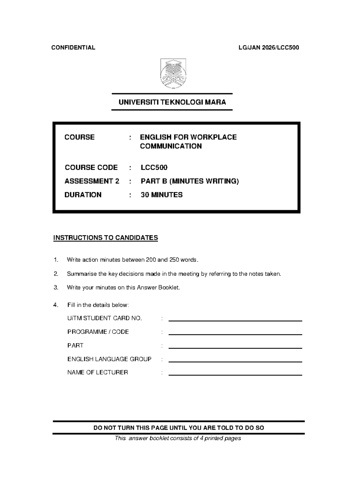 LCC500 Assessment 2: Minutes Writing Template for Workplace ...