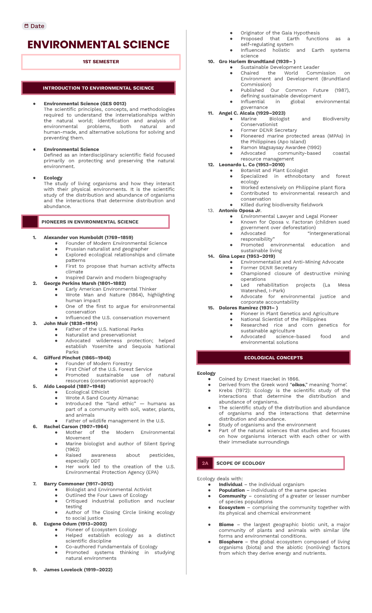 Environmental Science (GES 0013) 1st Sem Notes: Key Concepts & Pioneers ...