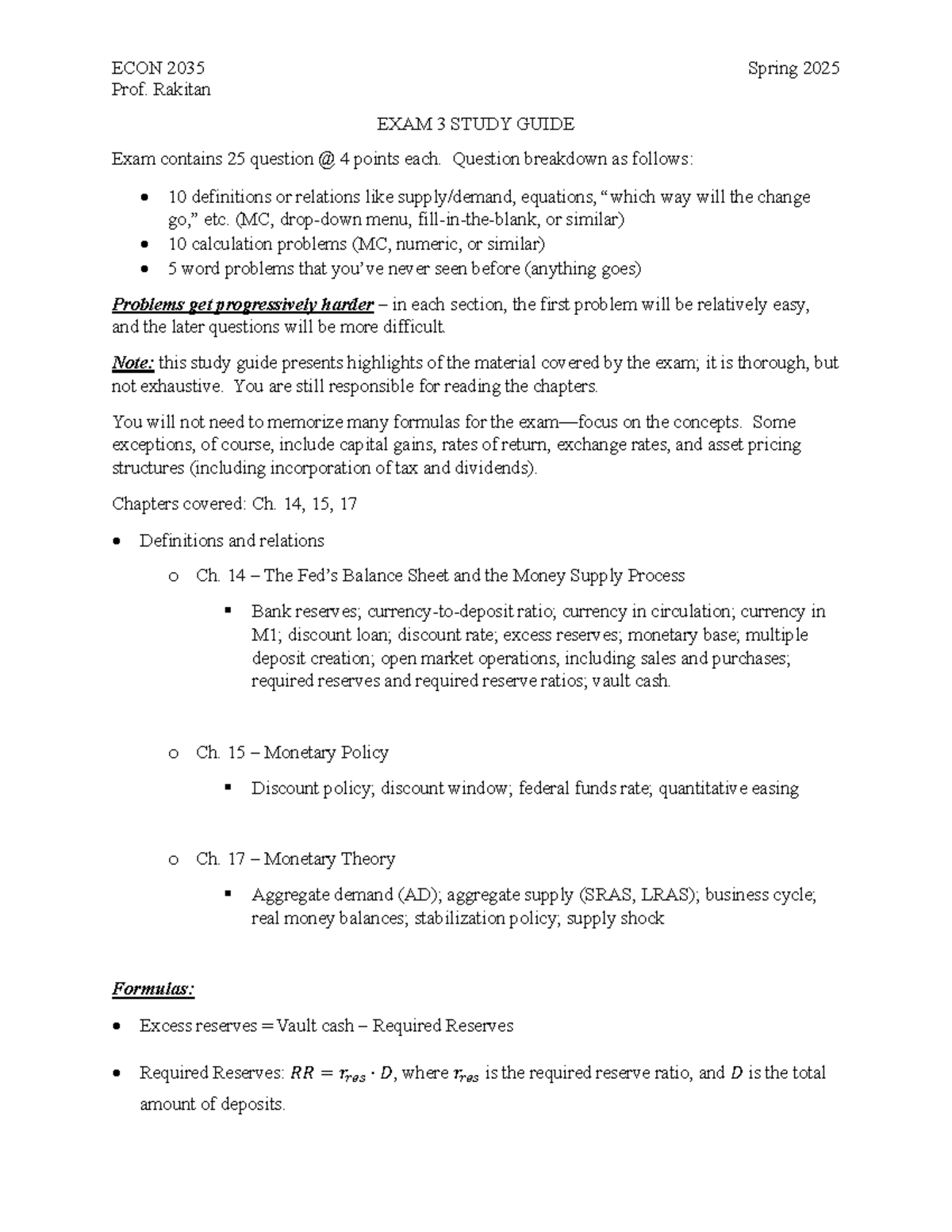 ECON 2035 Spring 2025 Exam 3 Study Guide: Key Concepts & Formulas - Studocu