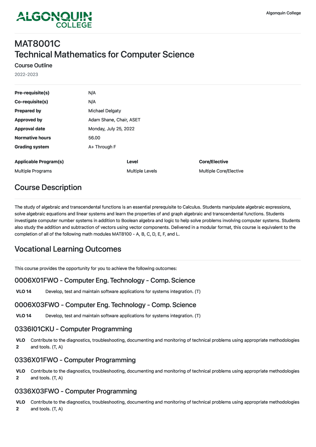 MAT8001C Technical Mathematics for Computer Science Course Outline ...