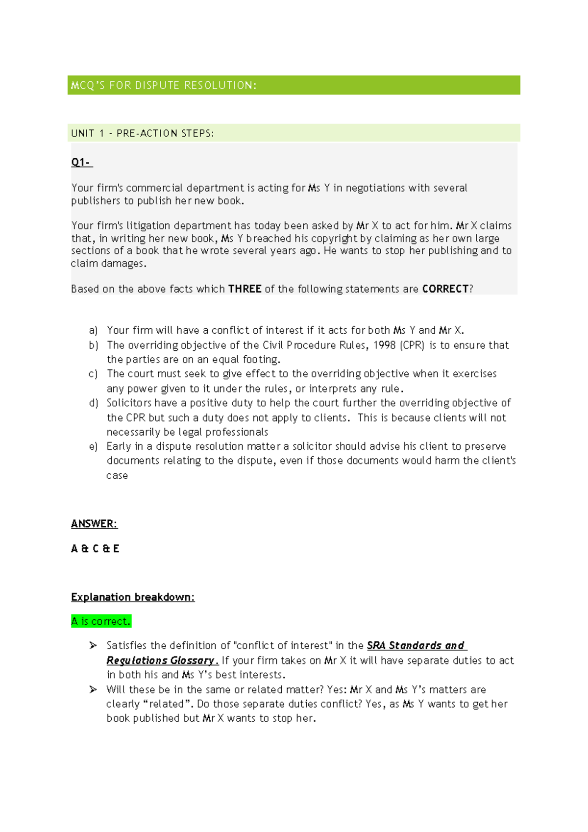 MCQ booklet for exam- units 1-3 dispute resolution - MCQ’S FOR DISPUTE ...