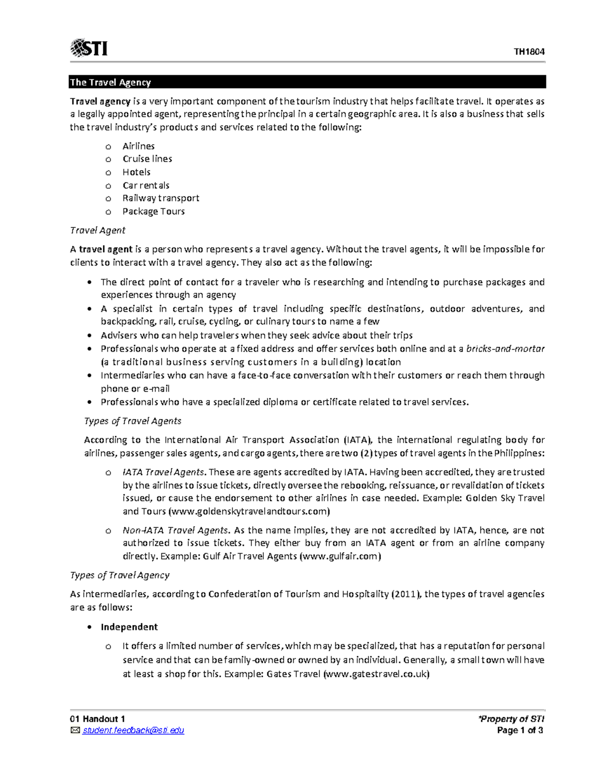 01 Handout 1 - Overview of Travel Agencies and Agents - Studocu