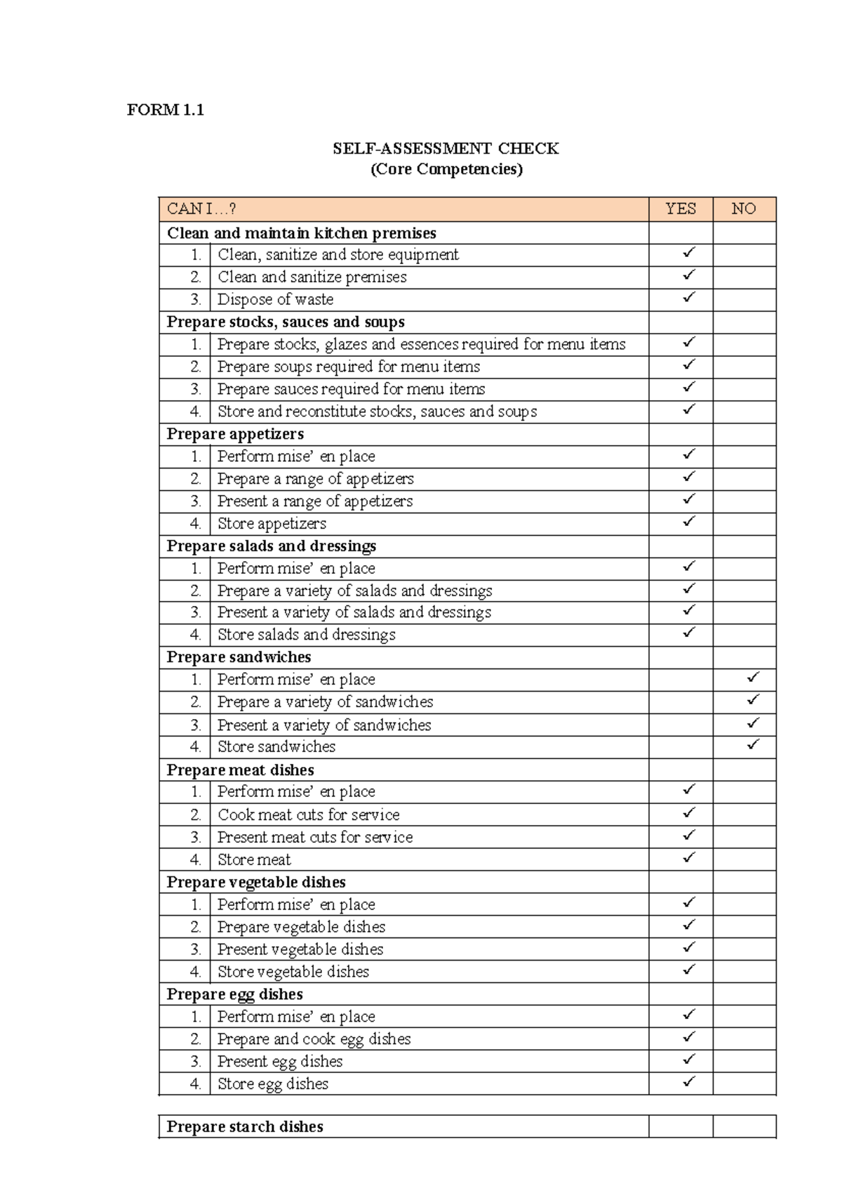 3 Forms Self-Assessment for Culinary Skills: Competency Levels 1-4 ...