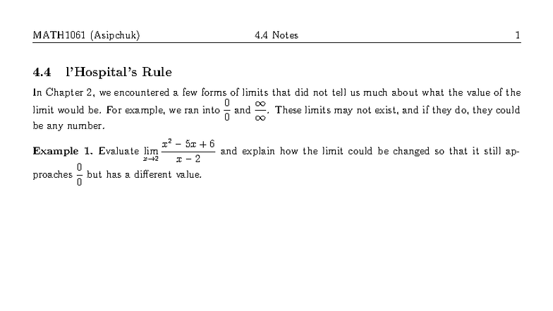 MATH1061 (Asipchuk) Chapter 4.4 Limit Evaluation Notes - Studocu
