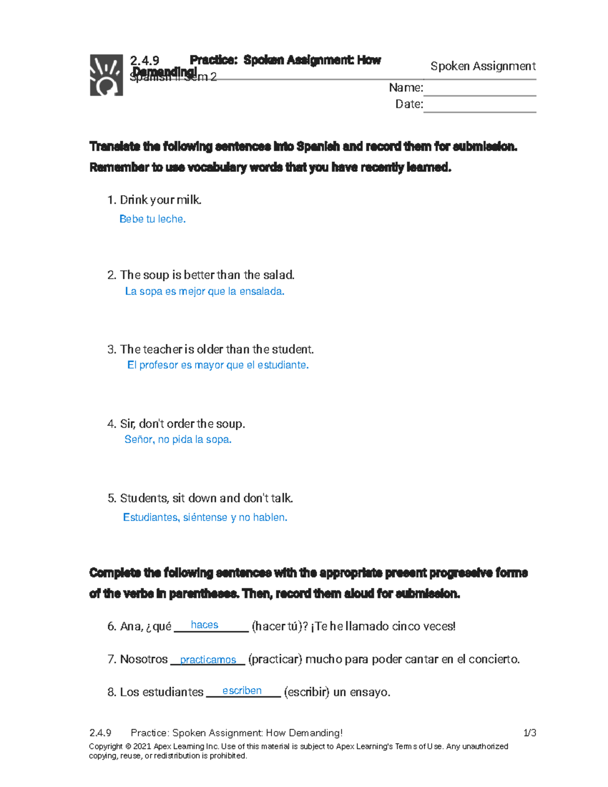 Spanish II (Sem 22.4) Practice: Spoken Assignment - How Demanding ...