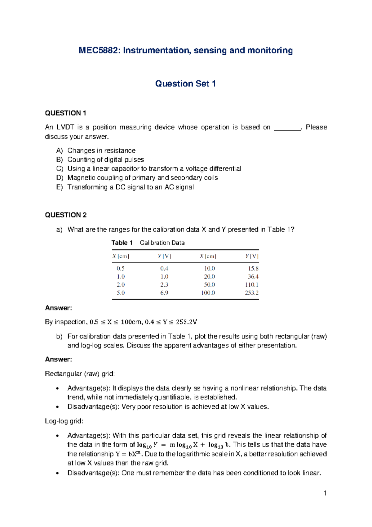 MEC5882: Instrumentation & Sensing Question Set 1 Solutions - Studocu