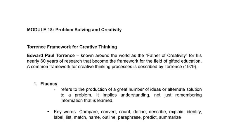 Module 18 - MODULE 18: Problem Solving and Creativity Torrence ...