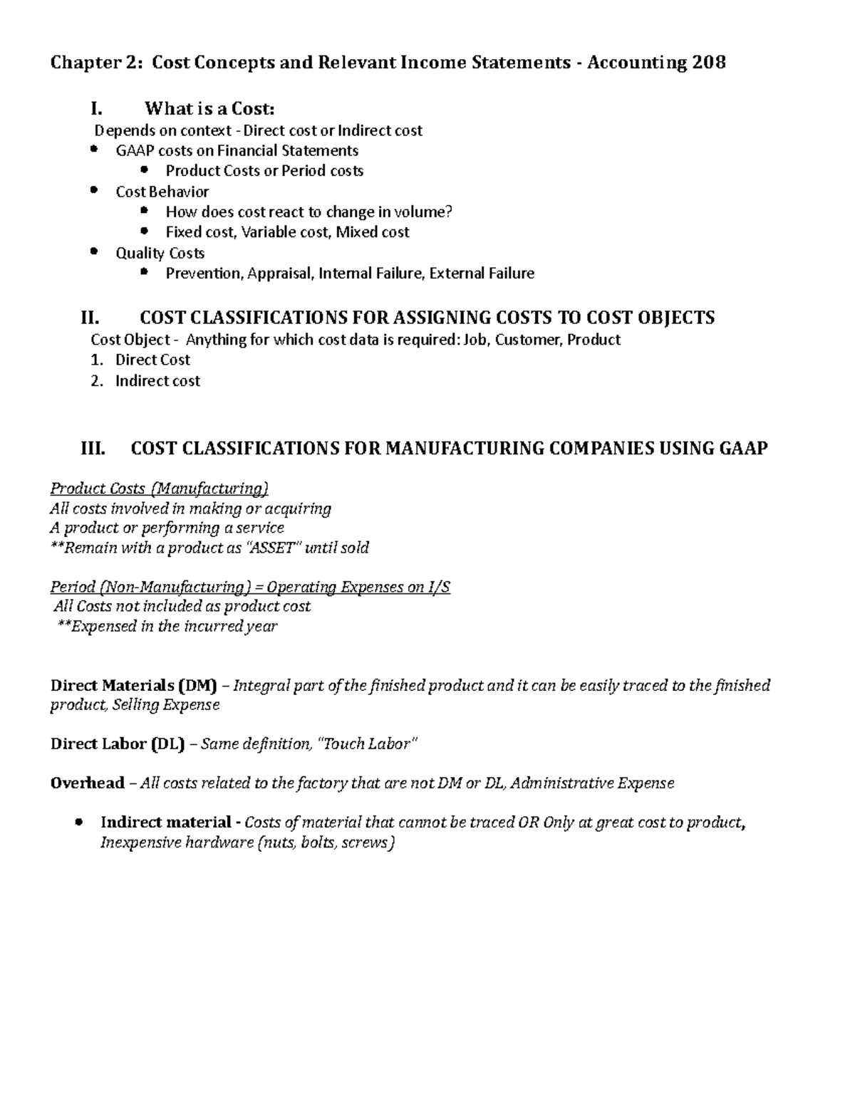 Chapter 2 Notes - Chapter 2: Cost Concepts and Relevant Income ...