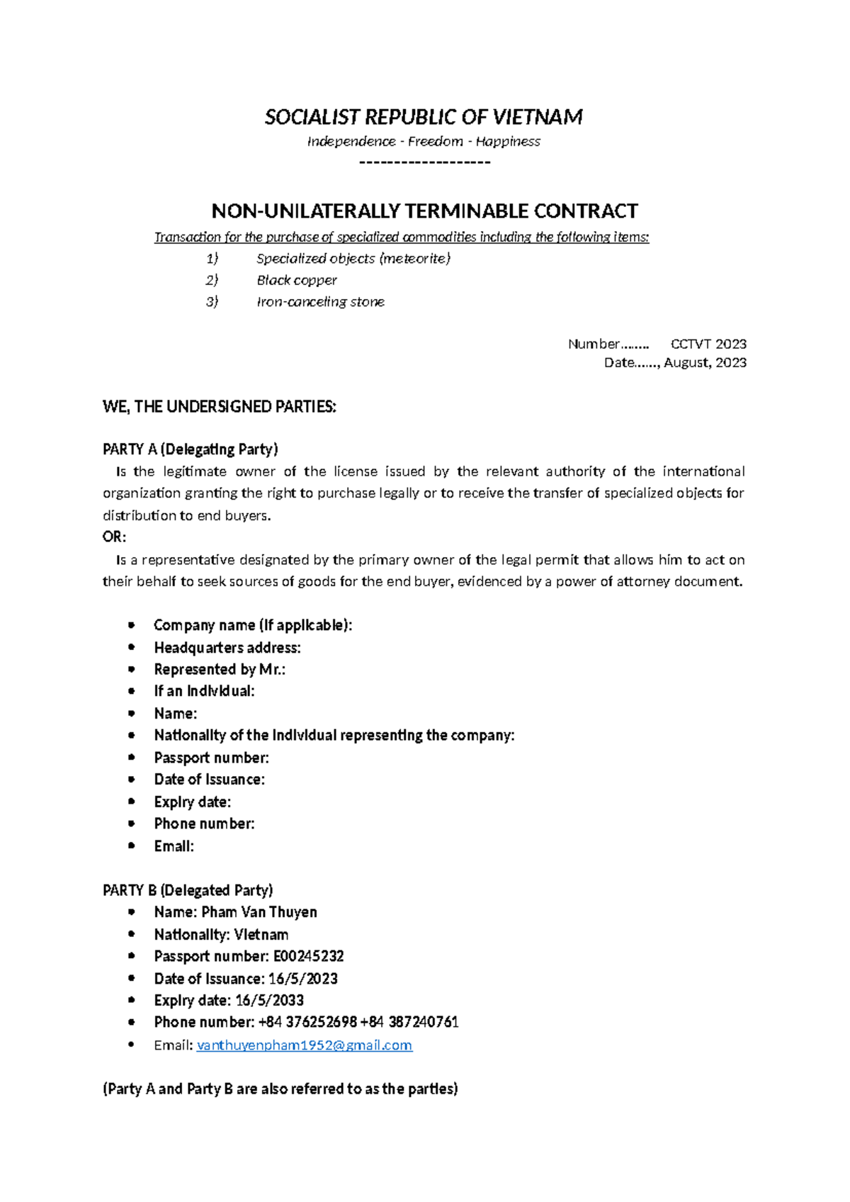Non-Unilaterally Terminable Contract - Saigon Tan Viet My Co.,Ltd ...
