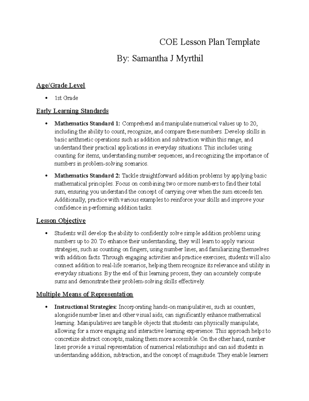 COE Lesson Plan: 1st Grade Math - Addition Skills Development - Studocu