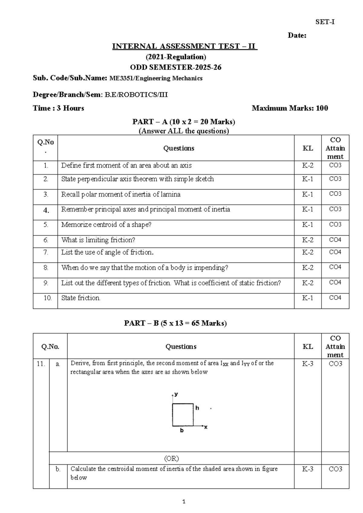 ME3351 Internal Assessment Test II - Mechanics Question Paper - Studocu