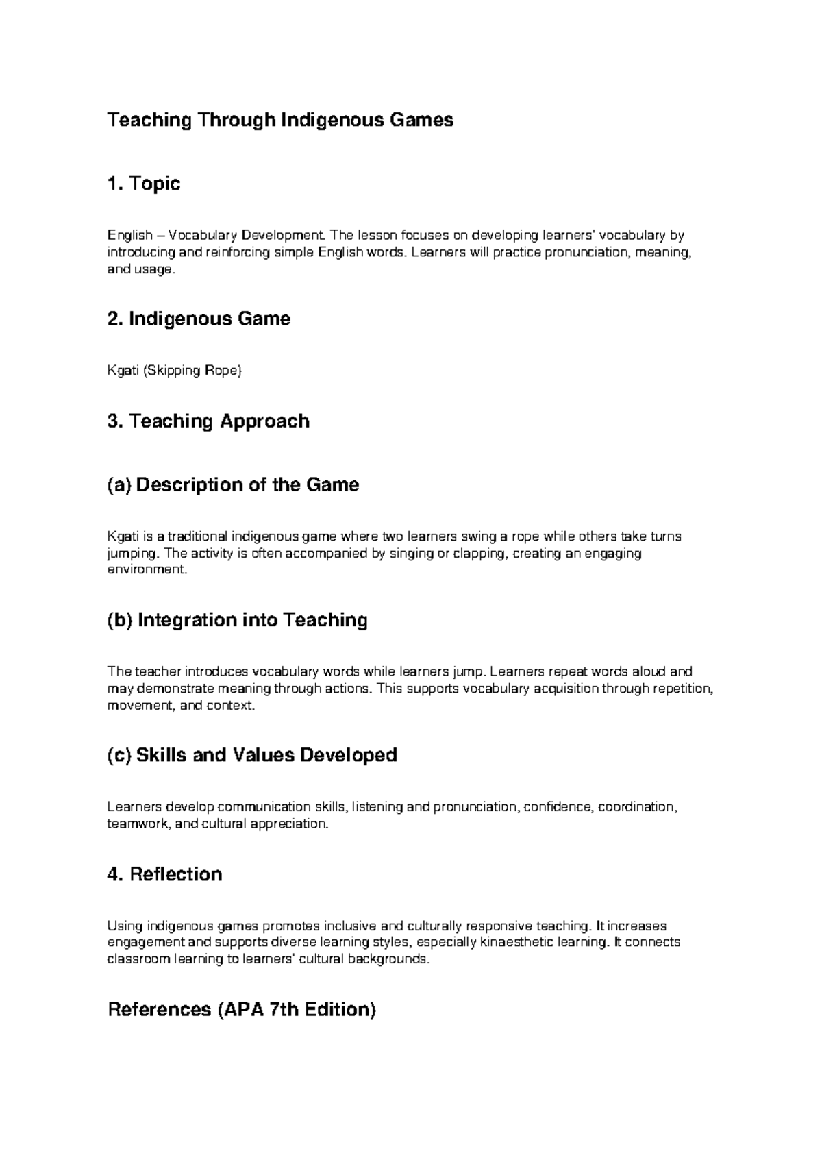 Teaching Through Indigenous Games: Vocabulary Development Lesson - Studocu