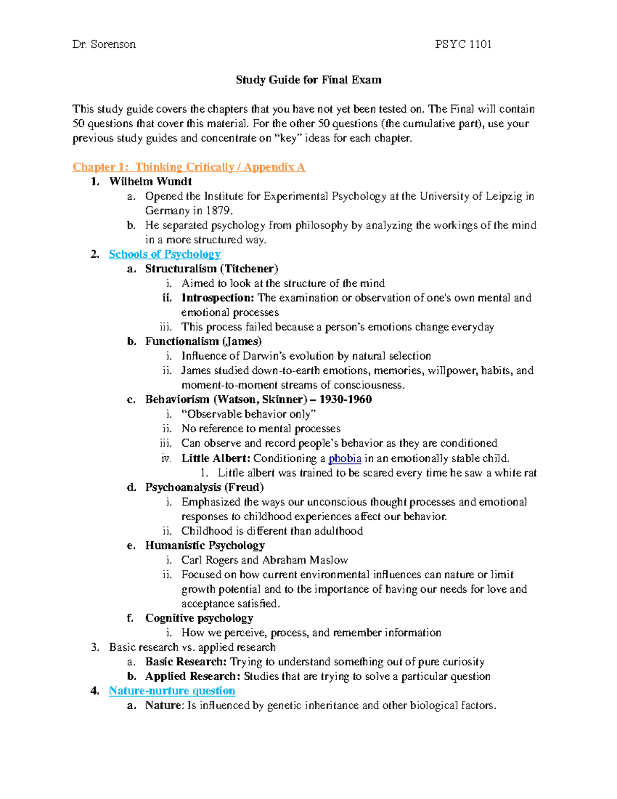 Study Guide for PSYC 1101 Final Exam by Dr. Sorenson - Studocu