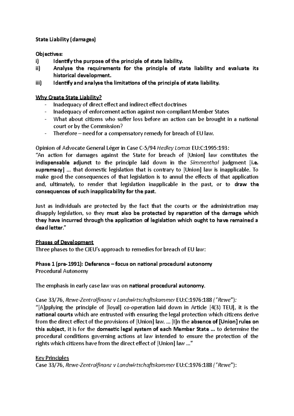 State Liability Note - EU law note - State Liability (damages ...
