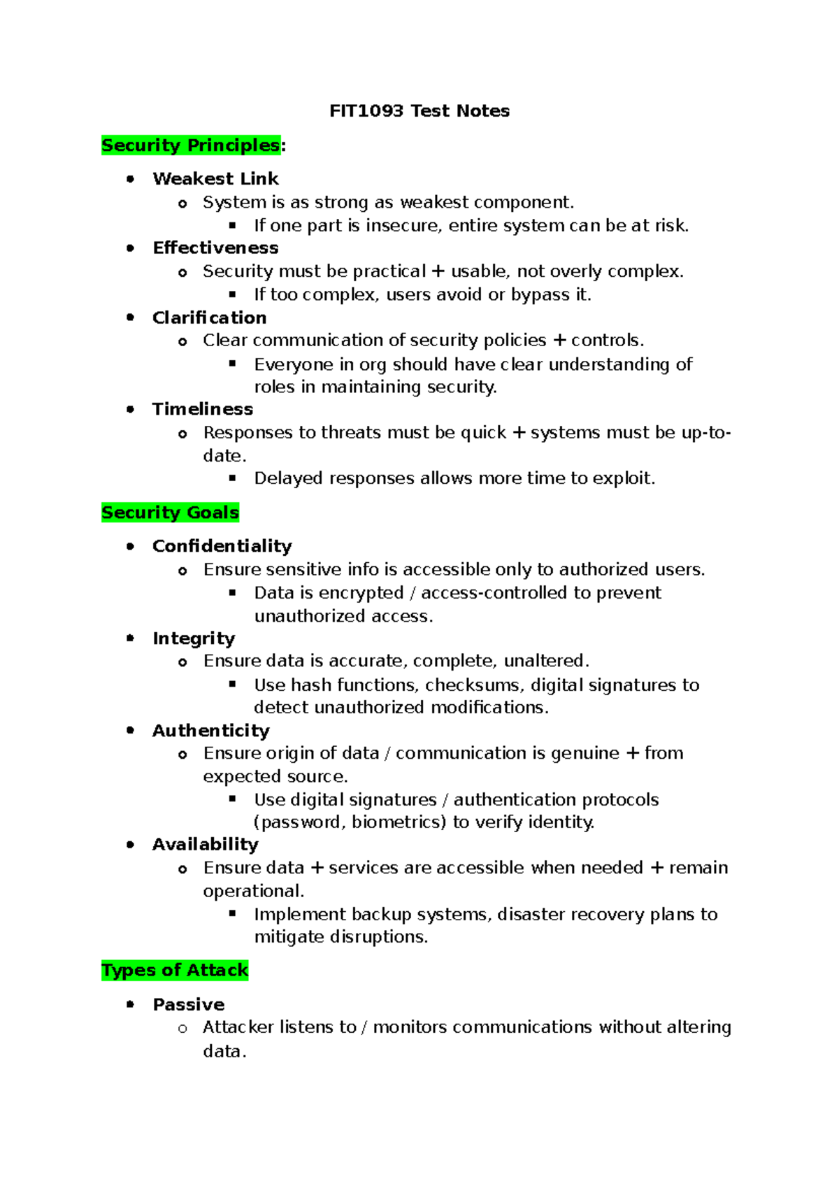 FIT1093 Test Notes: Security Principles and Cryptography Overview - Studocu