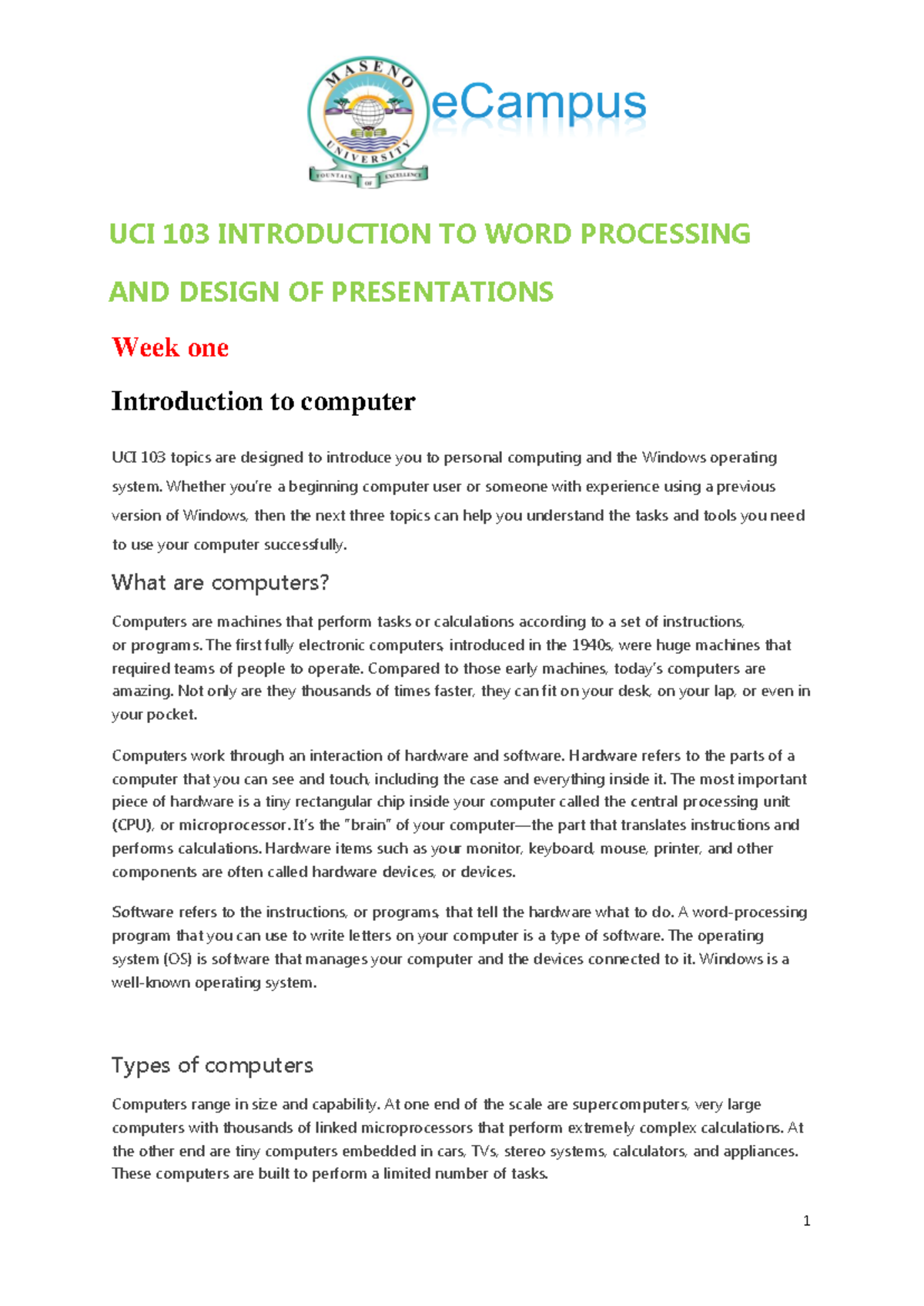 Introduction TO Operating Systems - UCI 103 INTRODUCTION TO WORD ...