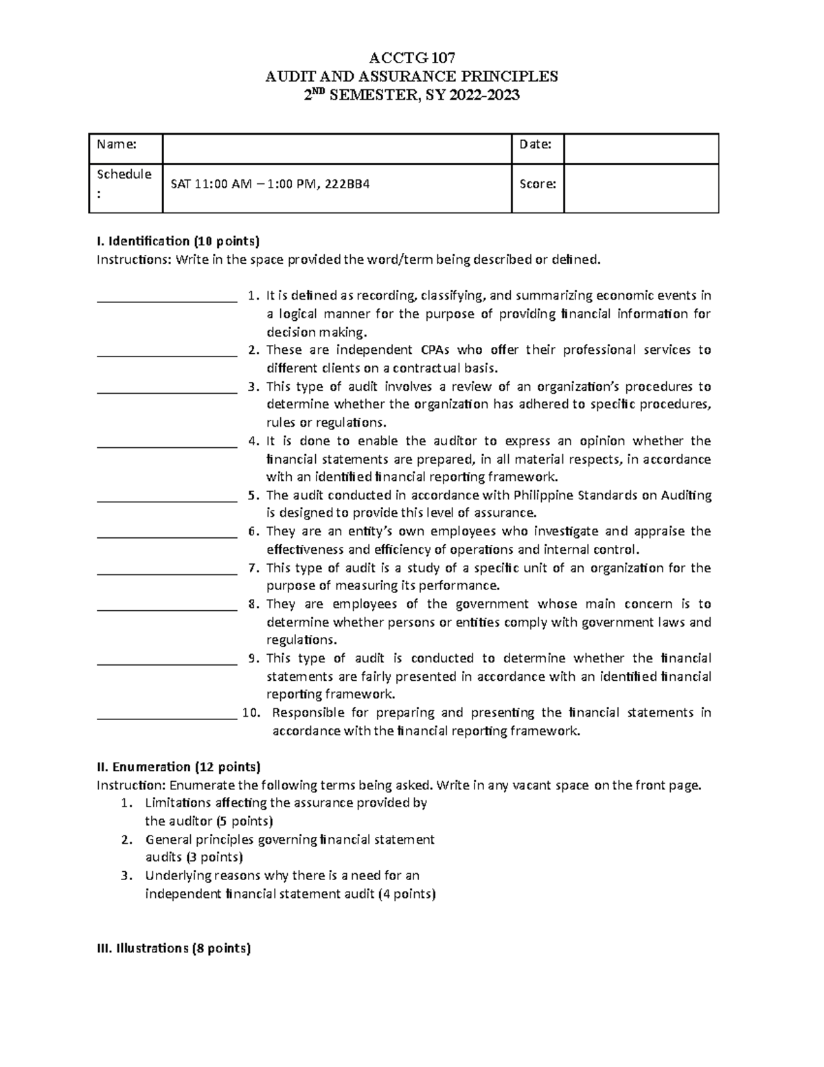 Acctg 107 - Quiz No. 1 - Audit & Assurance Principles Questions ...