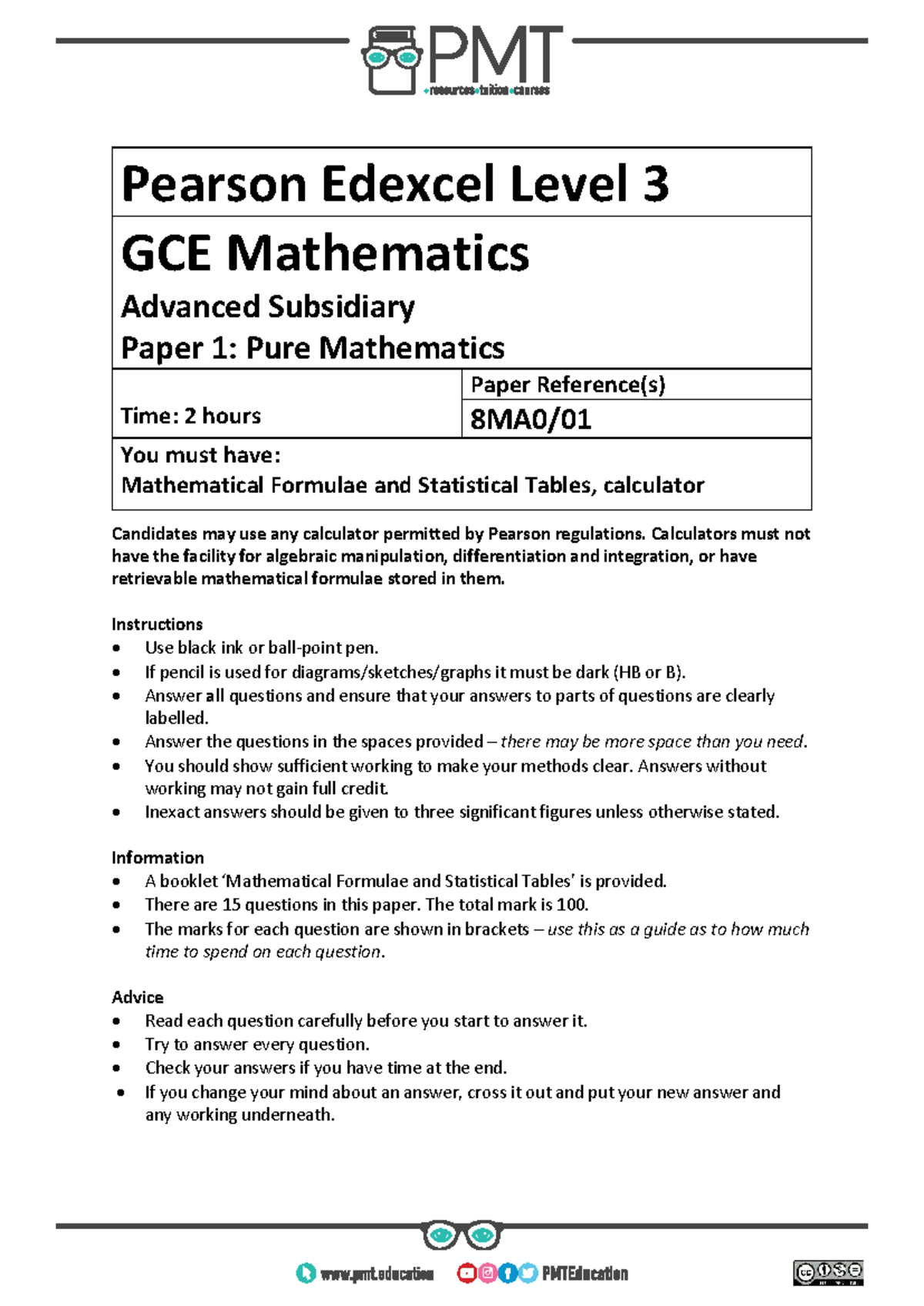 PMT Mock QP - Edexcel Level 3 GCE Maths AS Paper 1 Practice - Studocu