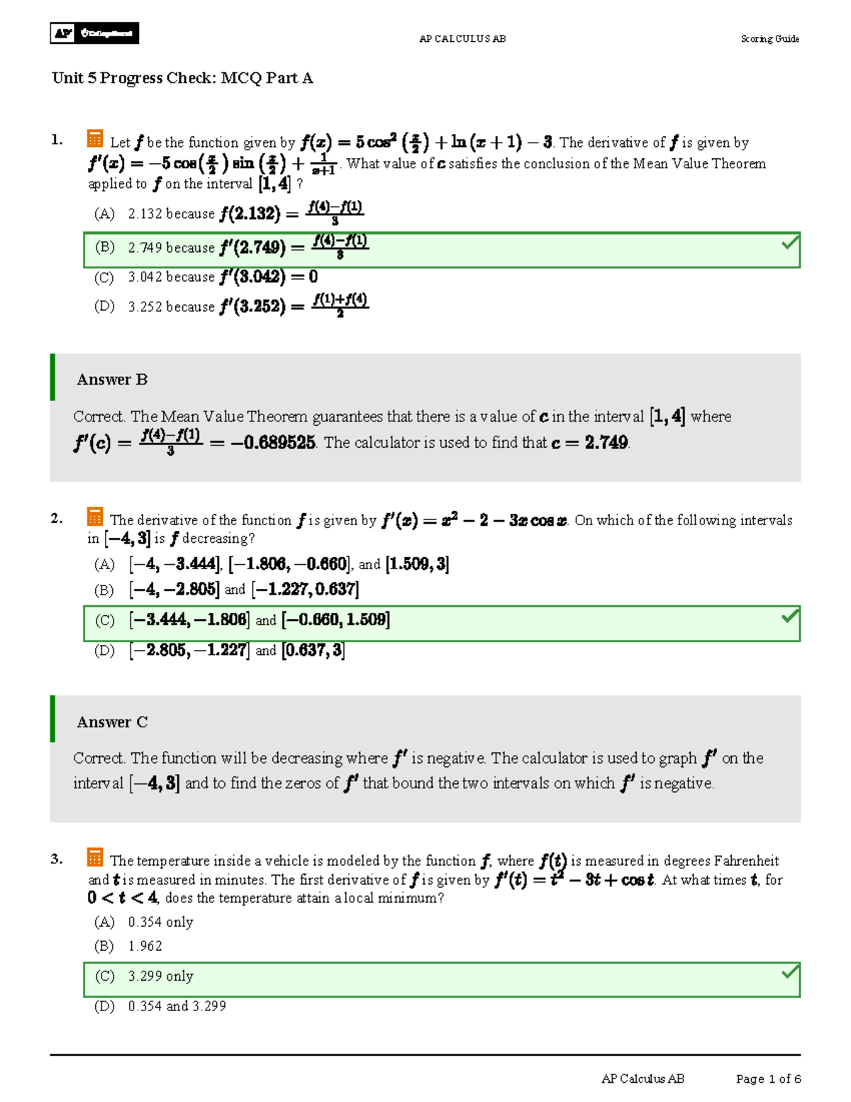 AP CALCULUS AB Unit 5 Progress Check: MCQ Answers and Explanations ...